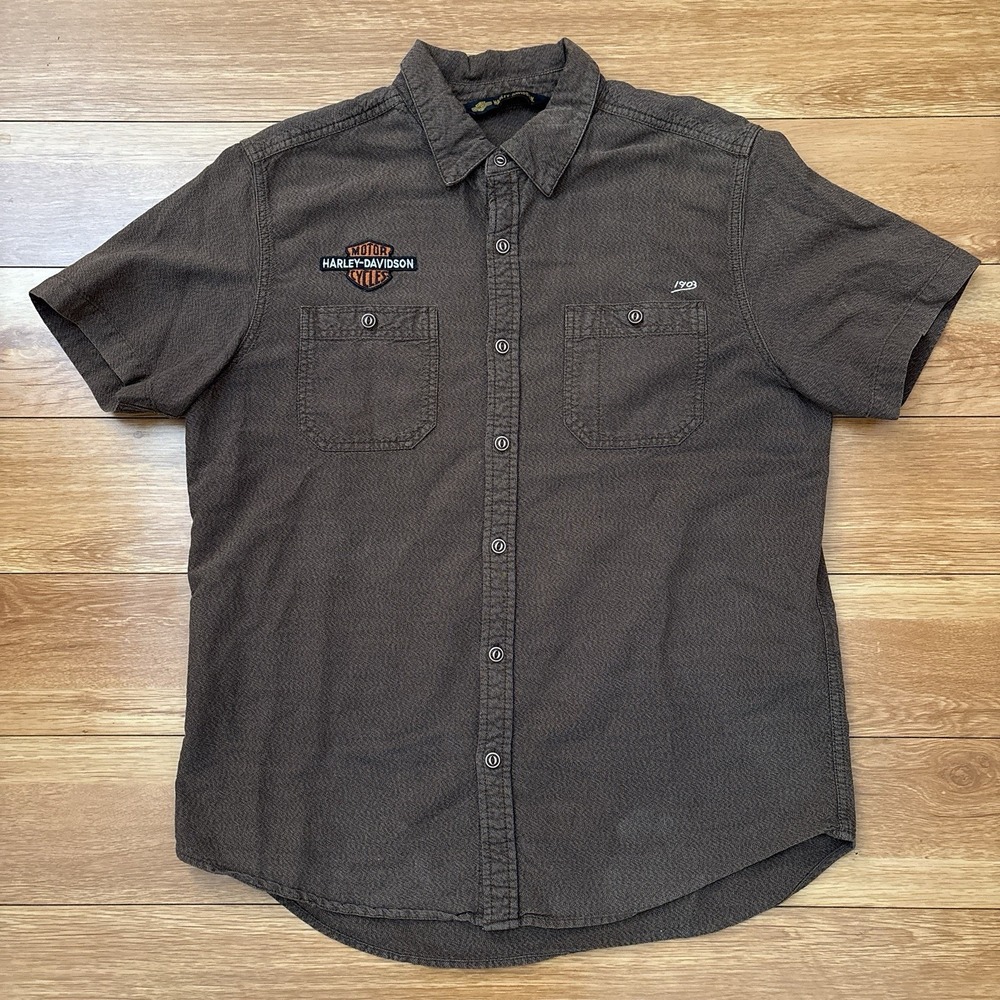 Harley Davidson Men's M Brown 2000s Short Sleeve Button Up Shirt 100% Cotton - Picture 3 of 7
